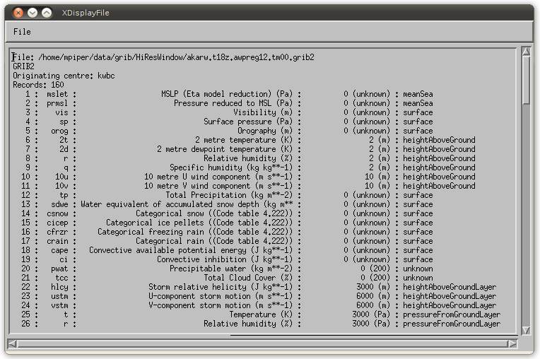 A screenshot of GRIB_INVENTORY output in XDISPLAYFILE
